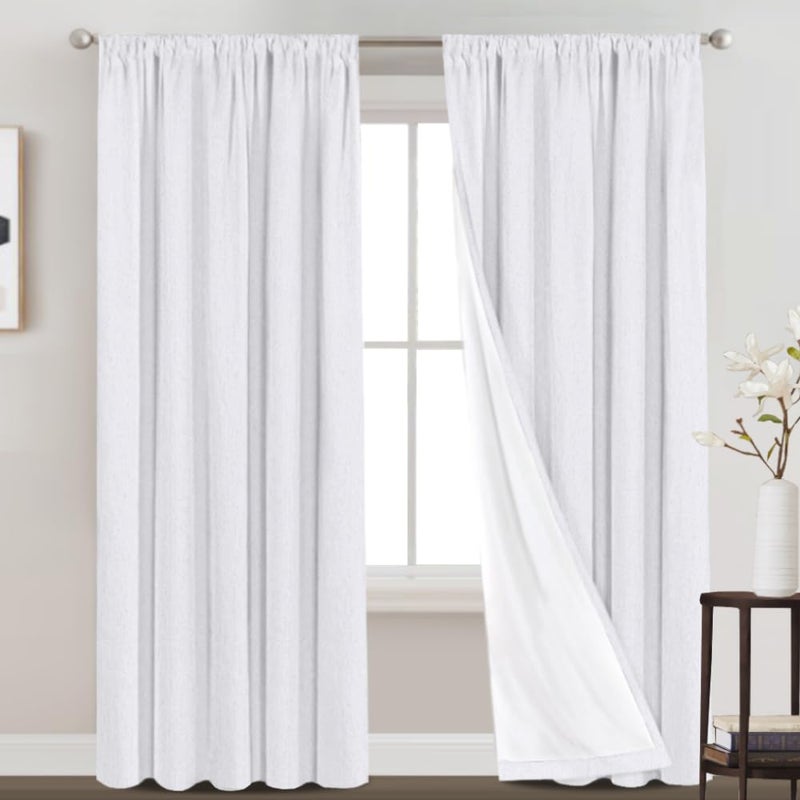 PrinceDeco 100% Blackout Linen Curtains 84 inch Long Rod Pocket Blackout Linen Curtains Panels with White Liner Energy Saving Curtains for Bedroom, Set of 2(52 x 84 Inch, Pearl White) - Image 1